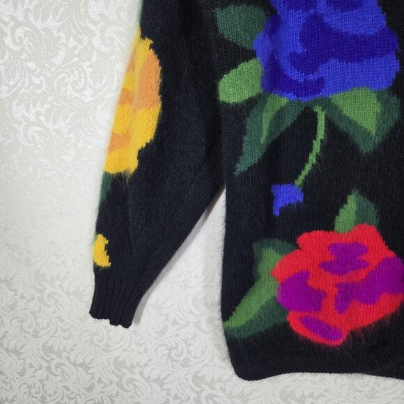 VTG Rafaella Angora Rabbit Hair Lambswool Sweater sz L Black Multicolor Floral - Picture 5 of 12